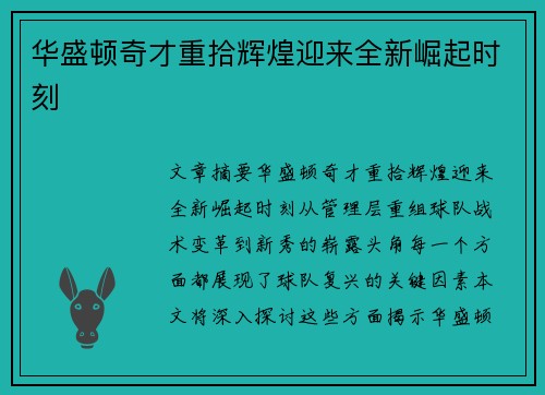 华盛顿奇才重拾辉煌迎来全新崛起时刻